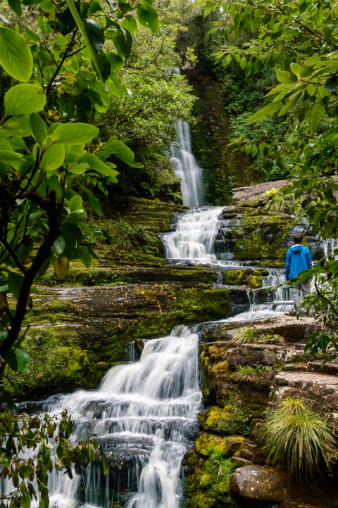 A man in a blue jacket stands beside the cascading tiers of McLean Falls, surrounded by lush native forest in The Catlins, South Island, New Zealand.