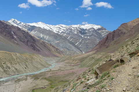 The Pin River winds through the broad valley near Mudh village, with snow-capped Himalayan peaks rising above barren, rocky slopes in Pin Valley, Himachal Pradesh, India.