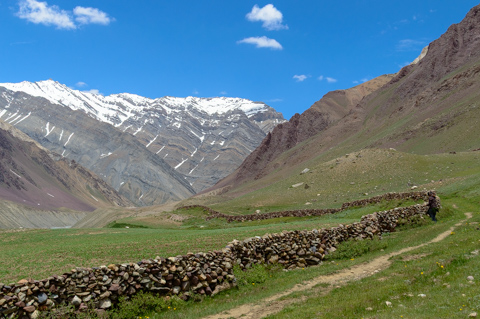 Stone walls and green pastureland surround the village of Mudh in Spiti Valley, with steep Himalayan mountains rising on all sides.