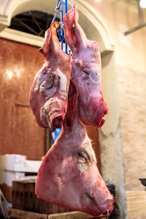 Pig heads hang from metal hooks at a street market in Palermo, Sicily, Italy, displayed against a worn stone and plaster backdrop.