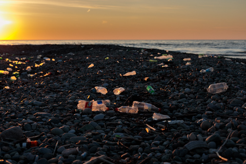Plastic bottles and debris litter a rocky beach in Batumi, Georgia, catching the warm light of the setting sun along the Black Sea.