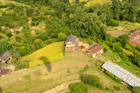 An aerial view of small homes and cultivated fields near Pokhara, Nepal, with terraced plots, trees, and a paragliding shadow cast across the farmland.